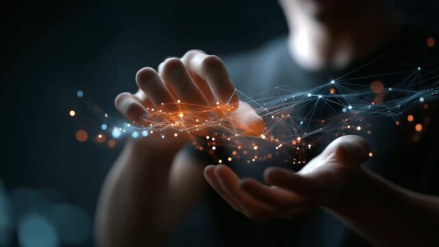 Hands manipulating illuminated data structures faceless operator defocused digital background complex system illustration technological advancement display computational