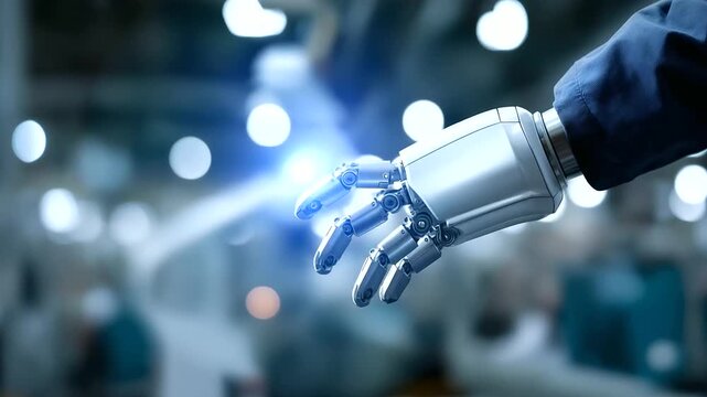 Robotics specialist positioned near computer aided manufacturing equipment faceless technician defocused factory background industrial technology setting automated production