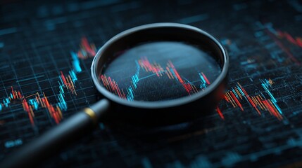 Magnifying glass analyzing stock market data with red and blue graph