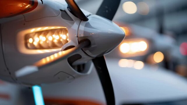 A close up of an airplane propeller with lights on it. Concept of motion and excitement, as if the plane is about to take off