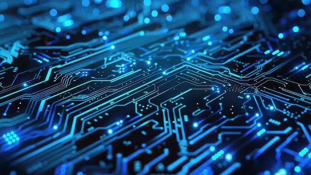 Video A detailed view of a circuit board featuring bright blue lights, ideal for technology and electronics-related uses