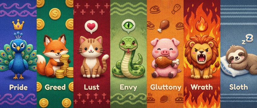 Seven deadly sins concept, pride, greed, lust, envy, gluttony, wrath, sloth cartoon animal characters knit style illustration for children book. Banner with copy space