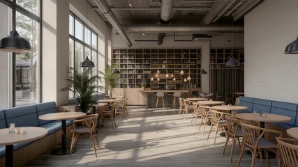 Sunlit modern cafe interior with wooden tables comfortable seating and large windows creating an inviting social dining and relaxed urban atmosphere