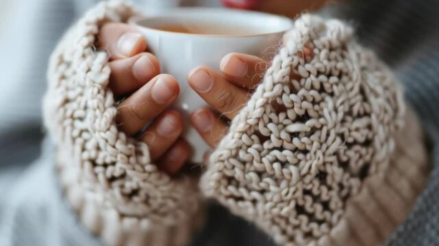 A person is holding a cup of tea in their hand while wearing a knit glove. Concept of warmth and comfort, as the person is enjoying a hot beverage on a chilly day