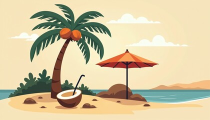 Fototapeta premium A tropical island beach scene with a palm tree, fresh coconut drink, and umbrella. Gentle waves lap the sandy shore under a soft sky. Relaxing vacation paradise vibe.