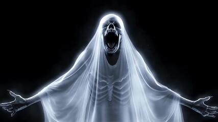 Ghostly apparition in motion: haunting spirit emerges with intense presence and open arms