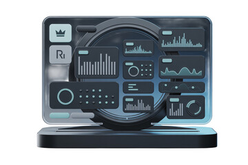 Magnifying glass on digital dashboard with blue analytics charts in modern futuristic design for data analysis