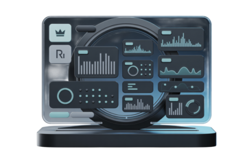 Magnifying glass on digital dashboard with blue analytics charts in modern futuristic design for data analysis