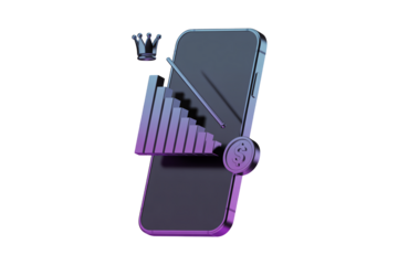 Smartphone with 3D graph and crown icon in futuristic design with purple gradient lighting for business analytics