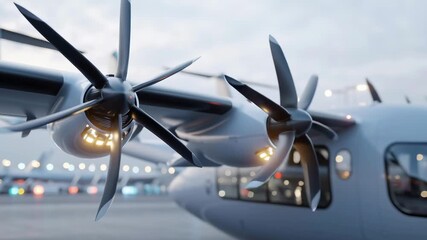 A close up of an airplane propeller with a bright light shining on it. Concept of motion and energy, as if the propeller is about to take off
