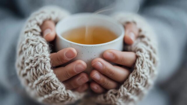A person is holding a cup of tea in their hands, with their fingers wrapped around the cup. Concept of warmth and comfort, as the person is likely enjoying a hot beverage on a cold day