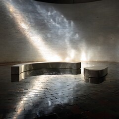 Modern indoor water feature with reflective surfaces