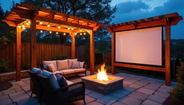 Outdoor wood pergola with projector screen and seating area near lit fire pit. String lights illuminate patio furniture for evening movie watching. Enjoy backyard entertainment.