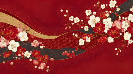 Luxurious Japanese Pattern Year of the Horse Plum Blossom Curved Frame New Year New Year's Card 2026 Stock Vector