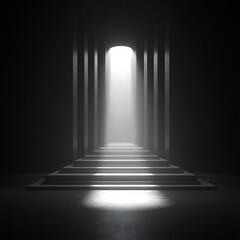 Illuminated staircase in dark corridor