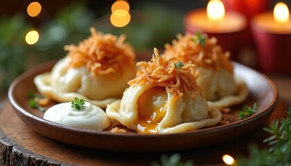 Warm polish pierogi stuffed with potato and cheese filling sit on rustic wooden plate. Crispy fried onions garnish the savory dumplings, served with sour cream dollop and parsley.