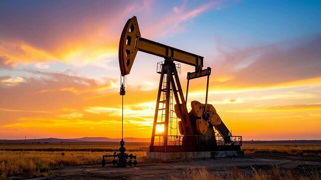 Oil Pump Jack Silhouette at Sunset Dramatic Sky Over Plains