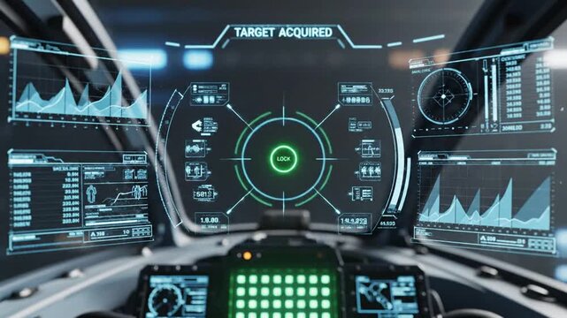 Futuristic cockpit displays analyze data and acquire targets in a dynamic sci-fi environment