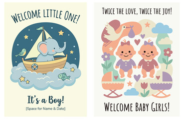 Set of baby shower cards: It's a Boy with cute elephant and Welcome Twin Girls