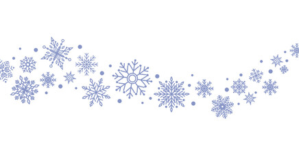 Elegant blue snowflake wave border with swirling lines on white background for winter holidays