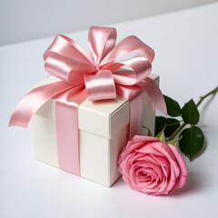 Elegant White Gift Box with Pink Ribbon and Rose