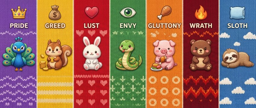 Seven deadly sins concept illustrated with cute knitted characters on vibrant knitted backgrounds for children religious education. Banner with copy space