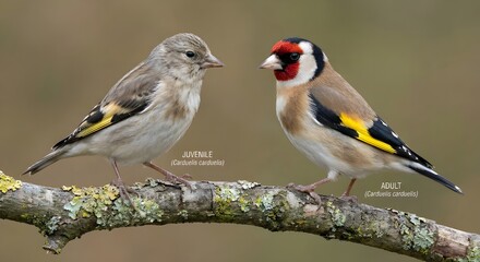 Realistic and detailed comparison of juvenile and adult goldfinch (Carduelis carduelis) on isolated background
