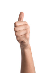 Man showing thumbs up on white background, closeup