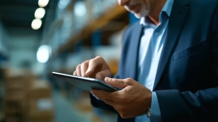 Business individual examining warehouse inventory with tablet device faceless man in formal attire defocused storage background logistics inspection stock management system rev - Powered by Adobe