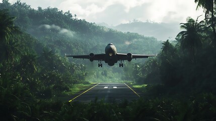 Fototapeta premium Military transport plane landing on remote jungle airstrip