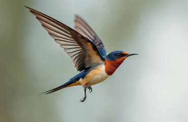 Barn swallow bird mid flight. Small songbird with blue black plumage and orange red throat. Wings spread, tail long, flying near nesting tunnel. Nature wildlife fauna.