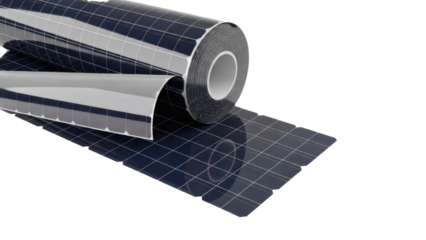 A roll of innovative flexible solar panel film unfurling with individual photovoltaic cells visible against a black background.