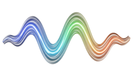 A vibrant abstract rainbow-colored wave or sound frequency pattern gracefully flowing on a solid black background.