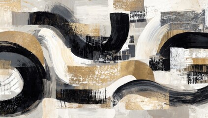 Abstract artwork with flowing brushstrokes and geometric shapes in neutral and metallic hues
