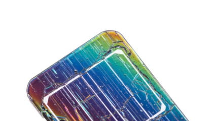 A vibrant, iridescent, and cracked fragment of a solar cell glows with rainbow colors against a dark background.