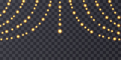 Light bulb hanging curtain, sky chirstmas star garland. Christmas fairy string decor bg, festoon png vector. White gold isolated new year chain, xmas glitter. Wedding frame, winter night header lamps