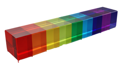 A translucent rectangular prism segmented into a vibrant rainbow spectrum beautifully illustrates light and color dispersion against a black background.