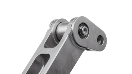 A detailed close-up of a brushed metal mechanical pivot joint with a bolt on a black background.