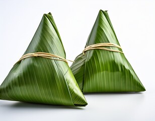 two banana leaf wrapped parcels isolated on white background