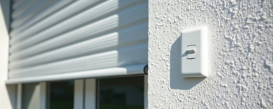 Modern electric roller shutter mechanism with control switch on exterior house wall. Automated window cover provides privacy and security. Simple push button operation for easy adjustment.