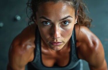 Sweaty athletic woman intense training, focused look, power, strength. She pushes limits in gym, dedicated to fitness. Healthy lifestyle, determination fuels her workout routine.