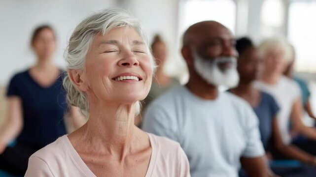 A group of people are sitting in a room, one of whom is smiling. Scene is peaceful and calm, as the people are practicing yoga and meditation