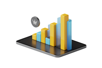 3D bar graph on smartphone screen with yellow and blue bars in modern minimalist style with soft studio lighting for financial analysis