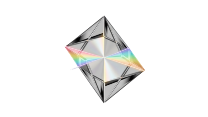 A geometric diamond-shaped prism diffracts a vibrant rainbow spectrum of light against a dark background.