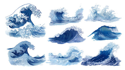 Ocean waves collection. Sea storm wave isolated. Waves, water elements set. Nature wave water storm linear style illustration Stock Vector