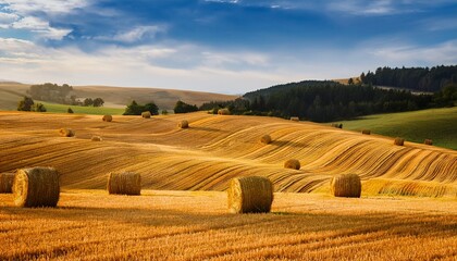 Rolling Hills Of Golden Fields With Hay Bales