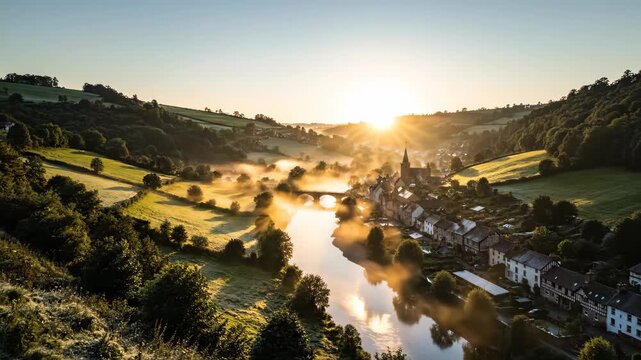 Picturesque Village Embraced by Morning Mist - A Serene Landscape.