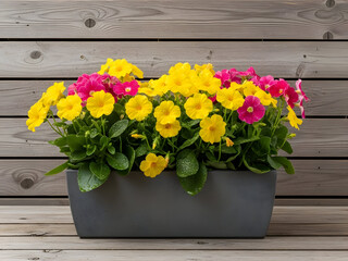 Vibrant flowers in a rectangular pot against a wooden wall