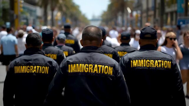 Immigration officers walking through crowded city street wearing official jackets during public operation creating strong law enforcement scene