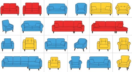 Photo of collection of colorful sofas and chairs on white